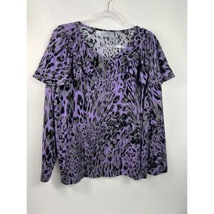 George Simonton‎ Says Blouse Purple Animal Print Long Sleeves Sz 1X Ruffles